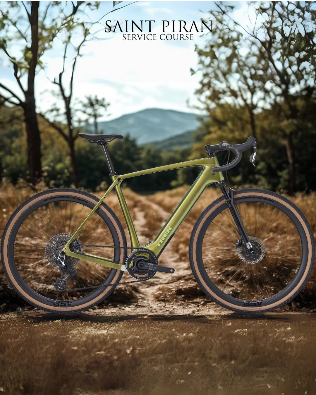 Green gravel bike on gravel trail with trees and mountains in the background