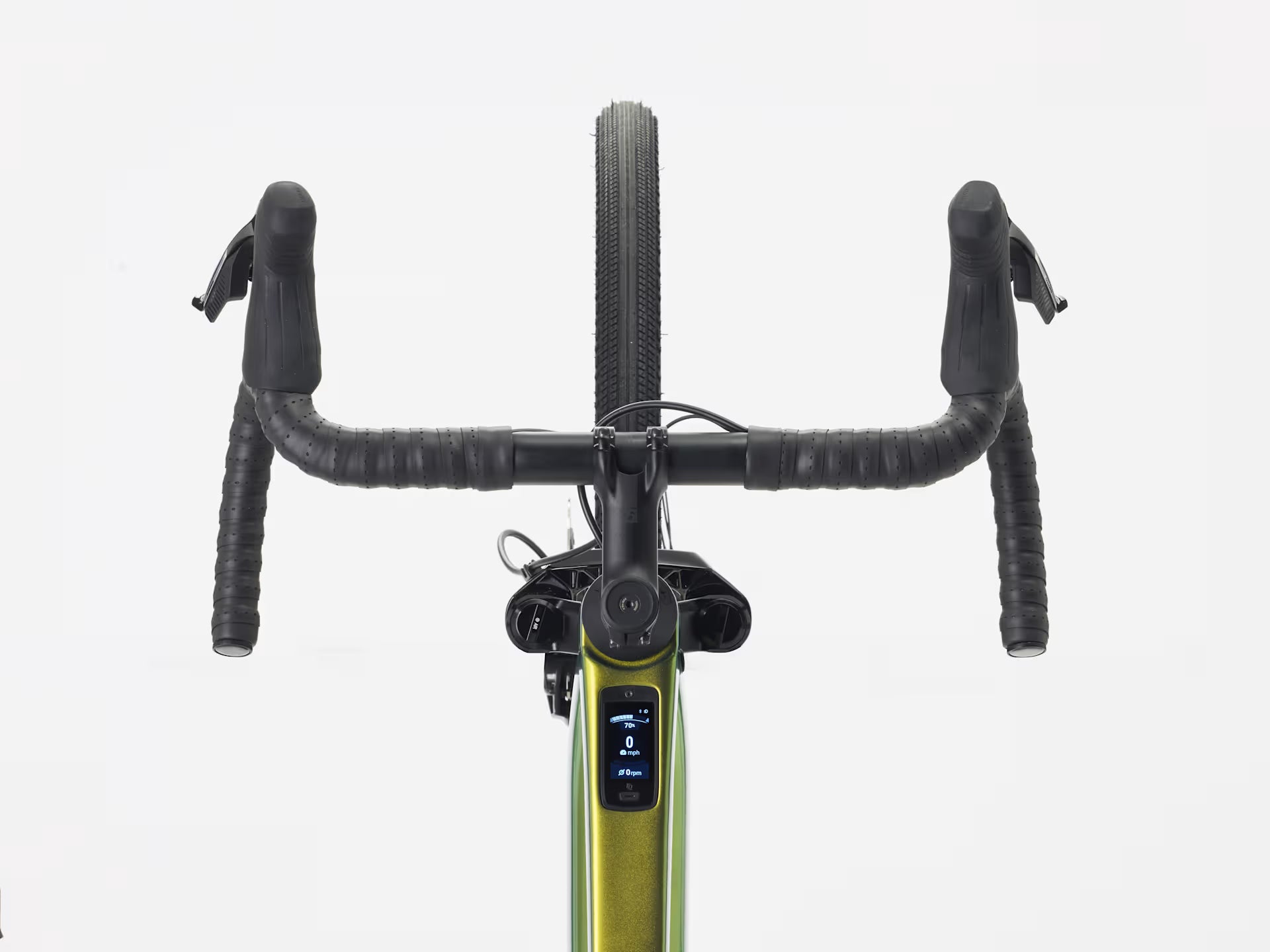 Top view of handlebars and TQ display on Trek Checkpoint+ SL 7 AXS